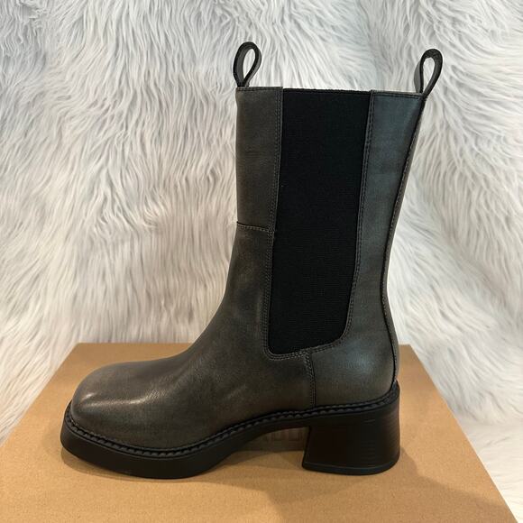 Steve Madden Maren Leather Mid-Calf Chelsea Boots Block Low Heel Dark Gray - Picture 5 of 8